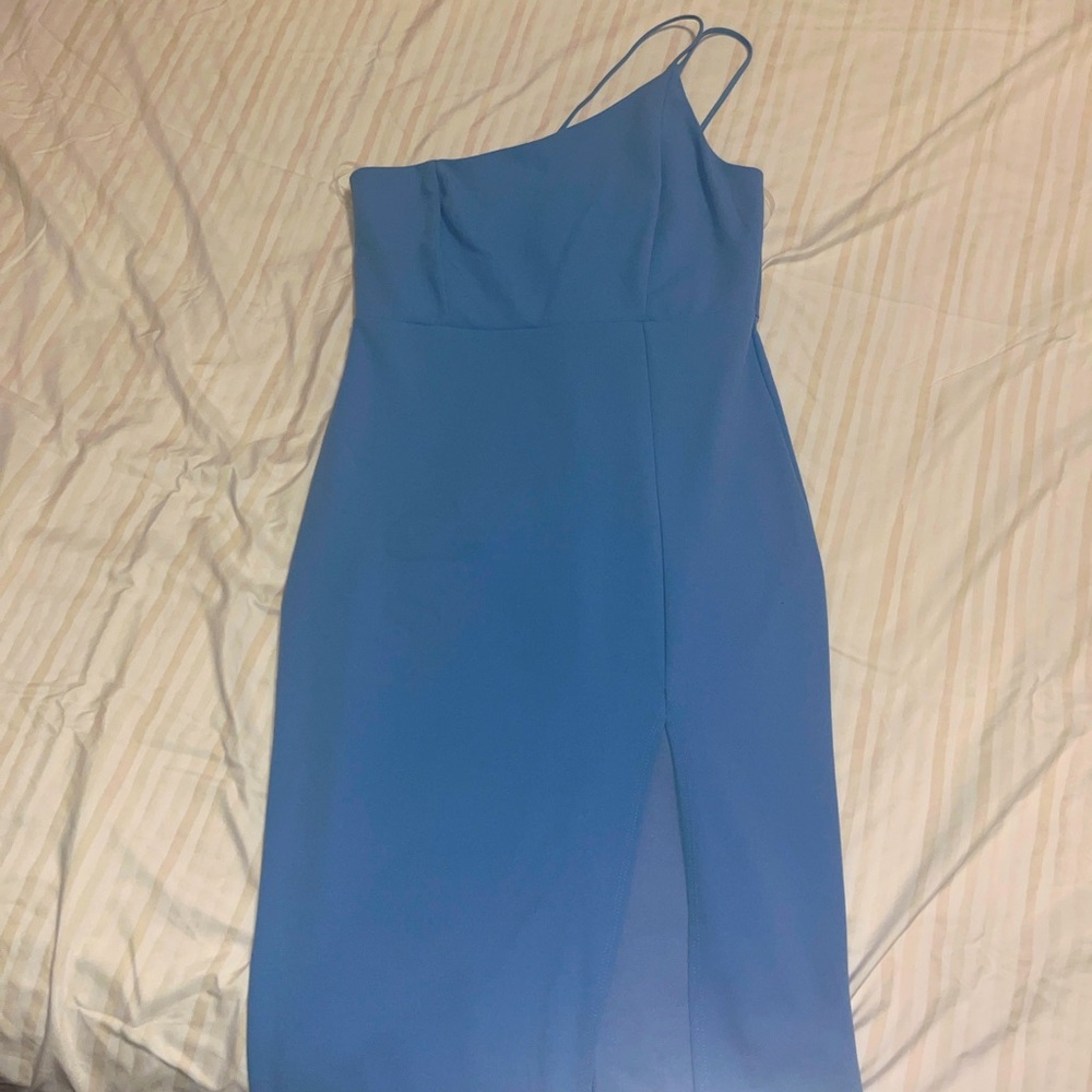 Light blue strappy one shoulder dress